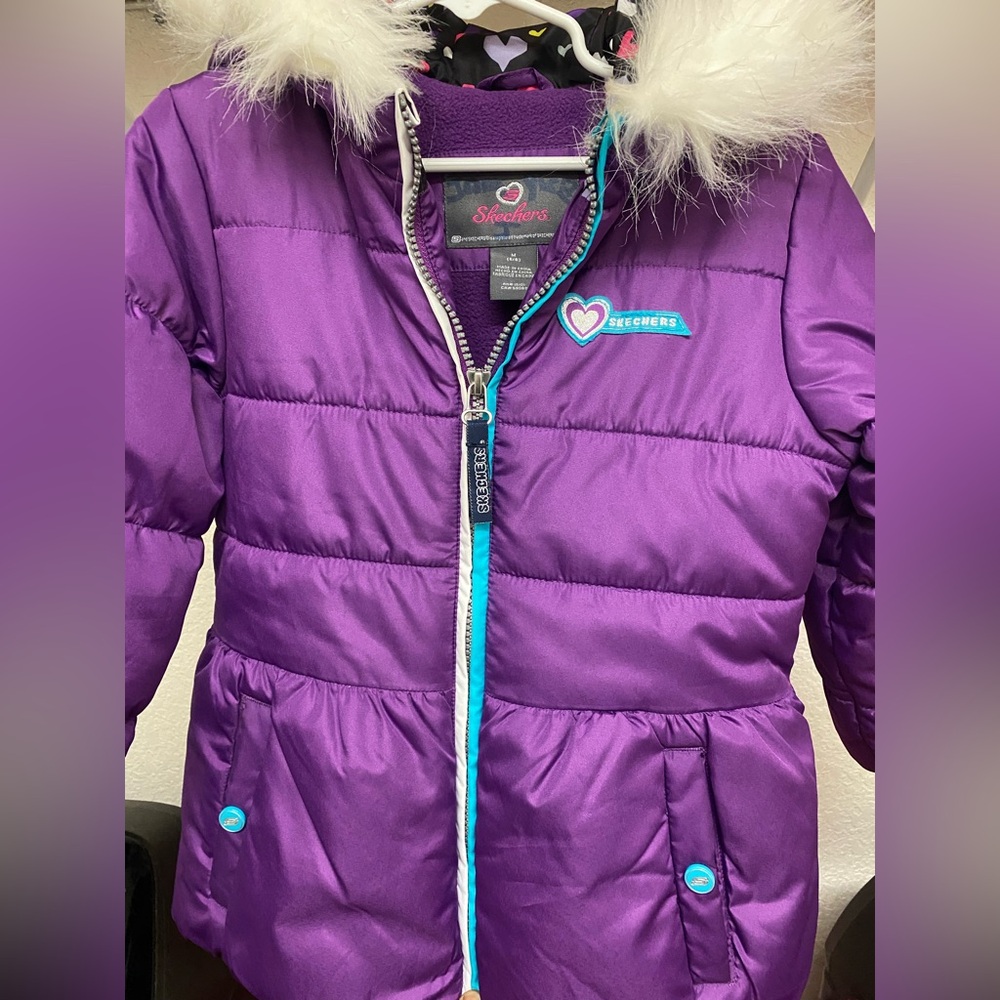 Skechers Vibrant Purple Puffer Jacket with Faux Fur Hood